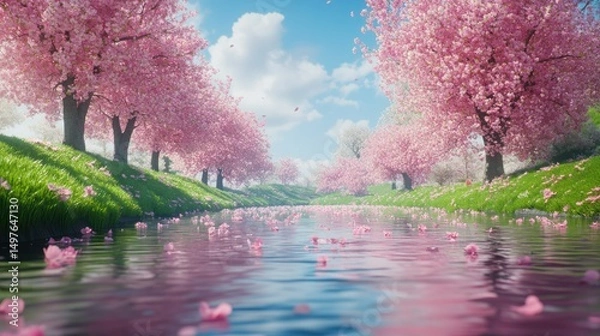Obraz Tranquil river scene with pink cherry blossoms and green grass banks.