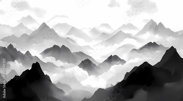 Obraz Misty Mountain Landscape in Ink Wash Style