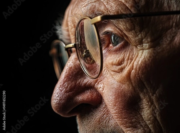 Obraz Close-up portrait of a thoughtful senior man wearing glasses, looking away.