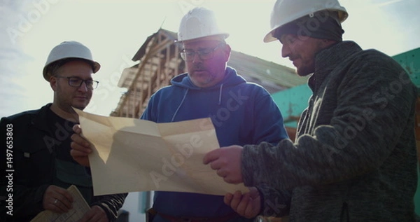Fototapeta Construction workers reviewing blueprints at building site, teamwork in construction planning, industry professionals discussing project, collaboration in construction development