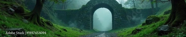 Obraz An ancient, moss-covered stone gateway shrouded in mist, hinting at a hidden mystical realm beyond Perfect for fantasy, occult, or historical settings , backdrop, ethereal, fog