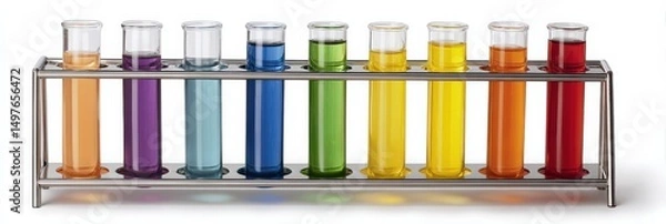 Fototapeta Colorful liquids in test tubes on a metal rack.