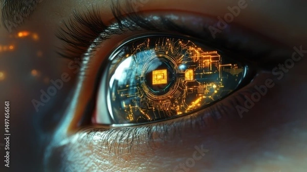 Obraz Close-up of a human eye with circuit board reflections on the iris.