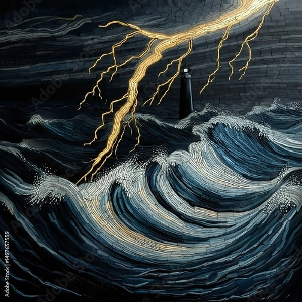 Obraz Lighthouse Facing a Stormy Sea: A Mosaic Masterpiece