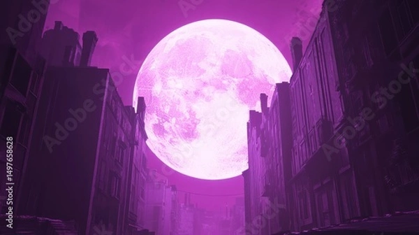 Obraz Purple city nightscape with a large moon, evoking a mysterious, surreal feeling.