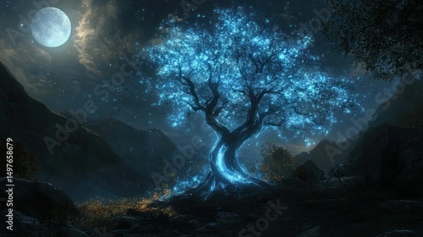 Obraz A glowing blue tree stands under a full moon in a fantastical landscape.