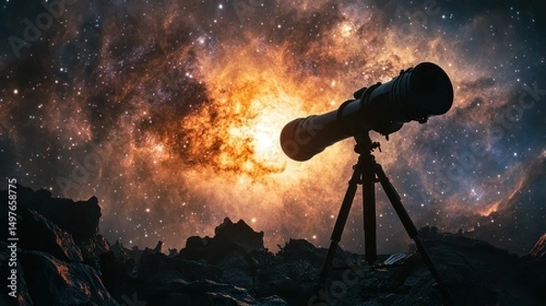 Obraz A telescope silhouetted against a vibrant, glowing nebula in a starry sky.