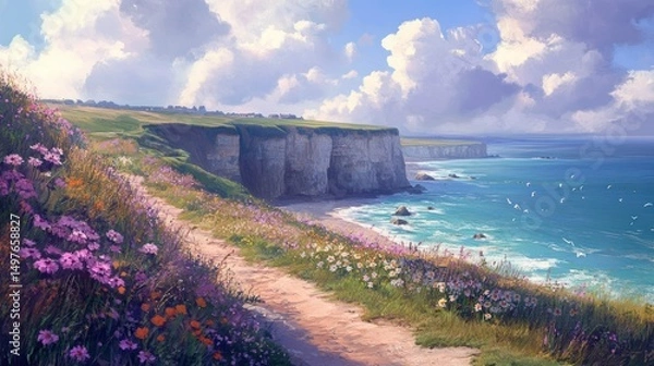 Obraz A serene coastal landscape with cliffs, flowers, and a path by the sea.