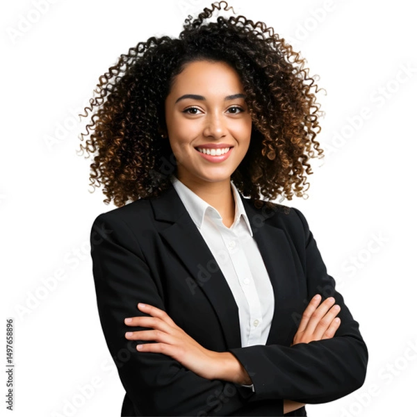 Obraz African Smiling Woman in Black Formal Suit with Arms Crossed on Transparent Background, PNG format.
