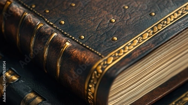 Obraz Close-up of an antique book with a leather cover and gold embellishments.