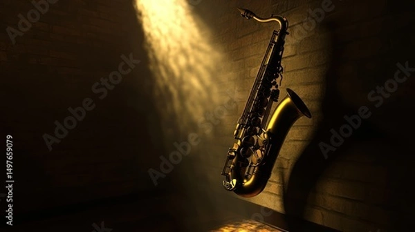 Obraz Golden saxophone highlighted against brick wall with dramatic spotlight effect.