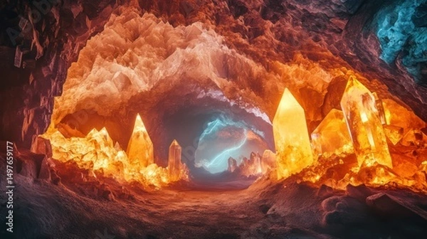 Obraz An otherworldly cave filled with glowing orange crystals and blue light.