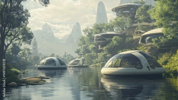 Obraz A futuristic serene landscape with floating homes on a river, amidst trees.