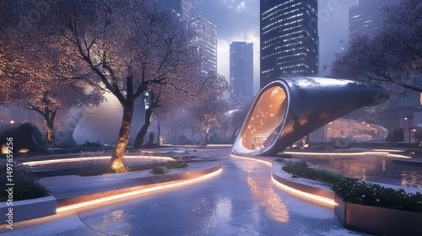 Obraz Futuristic urban park at night with sleek architecture and glowing pathways.