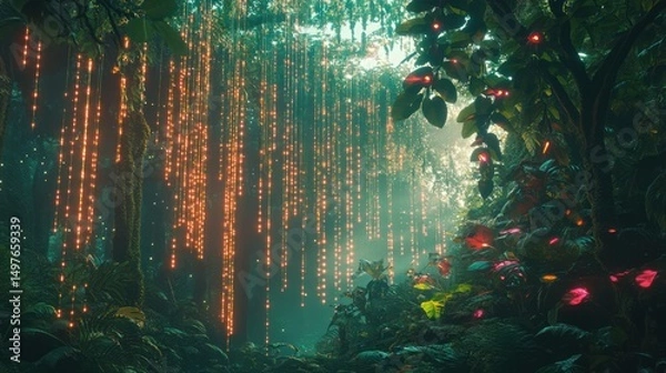 Obraz Magical forest with glowing lights and vibrant foliage, dreamlike scene.