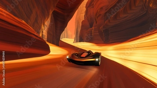 Obraz Futuristic car speeds through a canyon, landscape, concept art, science fiction.
