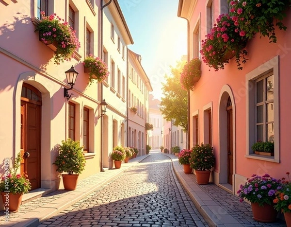 Obraz Quaint European street adorned with pastel buildings and flowers Generative AI
