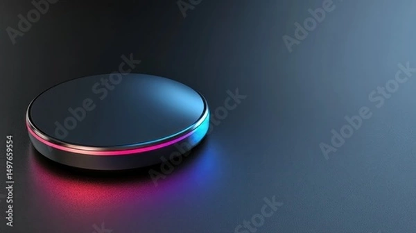 Obraz Sleek black platform with neon light accents, perfect for showcasing a product.