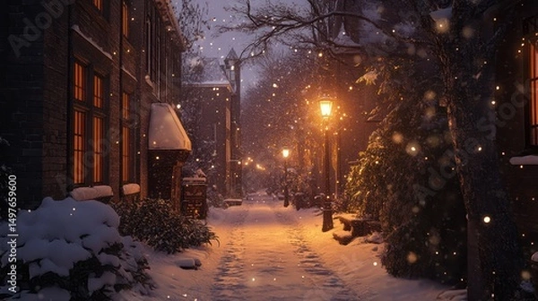 Obraz A cozy winter street scene, softly illuminated by glowing lampposts.