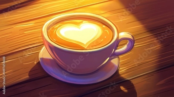 Obraz Illustration of coffee with heart latte art on a wooden table