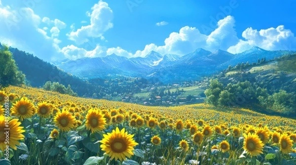 Obraz Illustration of a sunflower field with a mountainous background on a sunny day.