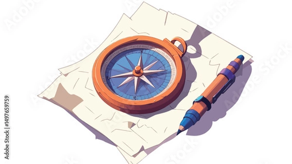 Fototapeta A digitally rendered, high-angle, close-up shot features a stylized compass resting on a folded map. The compass is orange with a blue needle and is depicted in a slightly three-dimensional style.