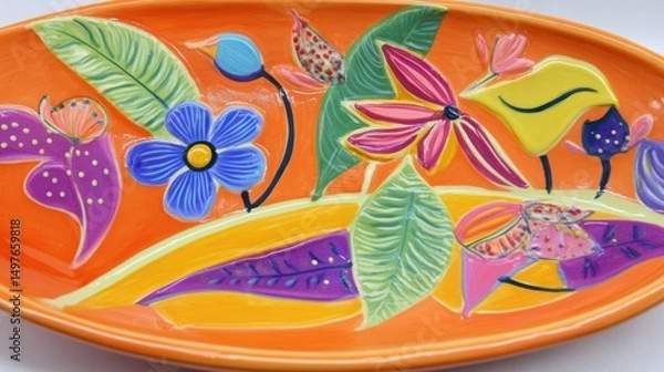 Obraz A hand-painted ceramic plate with bright floral design on an orange surface
