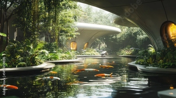 Obraz Futuristic architecture blends with nature, a serene pond with Koi fish swims.