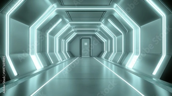 Obraz A futuristic hallway with neon lights and metallic walls leads to an exit.