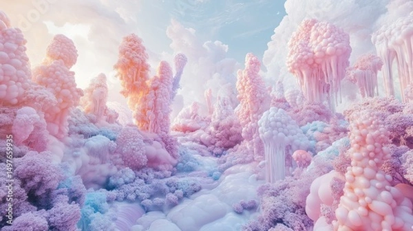 Obraz Surreal landscape with pink and purple bubble-like trees under a cloudy sky.