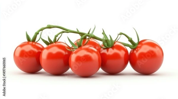 Obraz Cluster of bright red cherry tomatoes on the vine on a white background.