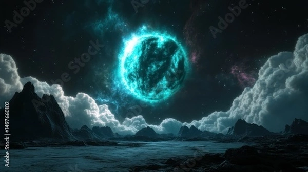 Obraz A stunning turquoise star illuminates a surreal, cosmic landscape scene.