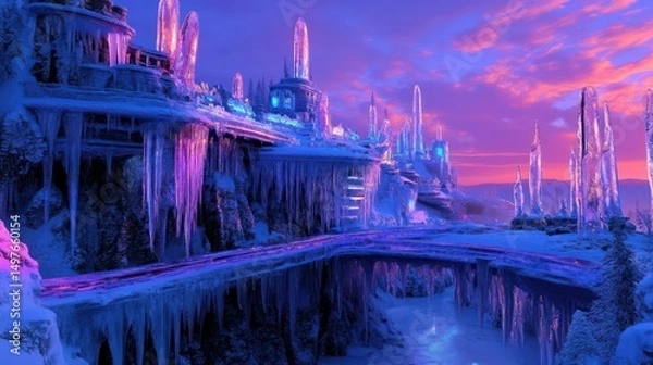 Obraz A surreal, ice castle landscape at sunset bathed in ethereal purples and blues.