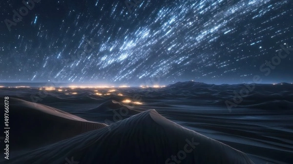 Obraz Night desert under a star-filled sky, a distant city glows on horizon.