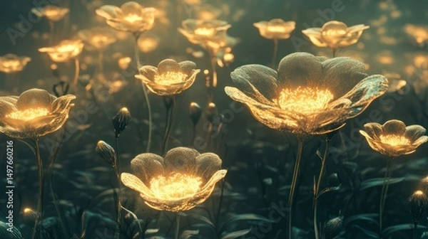 Obraz Field of glowing flowers with a magical, ethereal and dreamlike atmosphere.