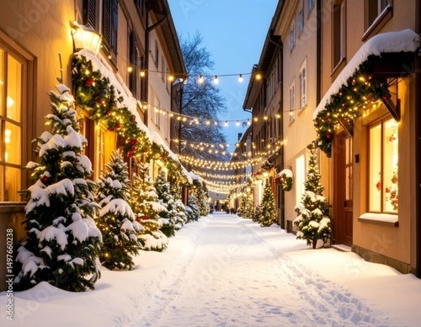 Obraz Snowy old town street adorned with Christmas lights Generative AI