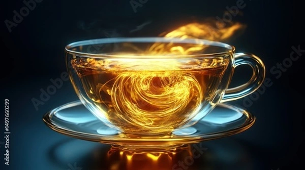 Obraz A steaming cup of tea with glowing swirls inside and reflections on the saucer.