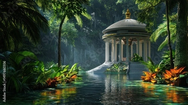 Obraz A serene pavilion nestled in a lush, tropical jungle oasis by calm waters.