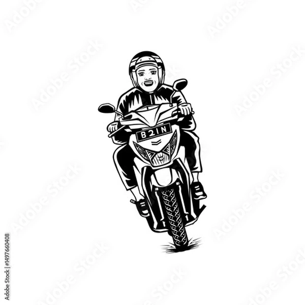 Fototapeta cool matic motorcyclist speeding in front view black and white vector line art