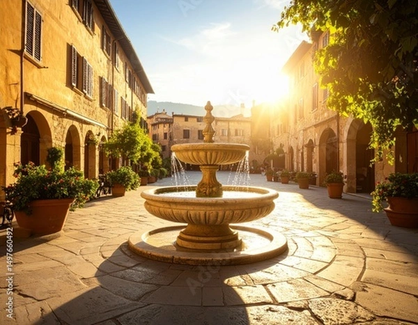 Obraz Sunlit plaza with marble fountain in Italian Renaissance town Generative AI
