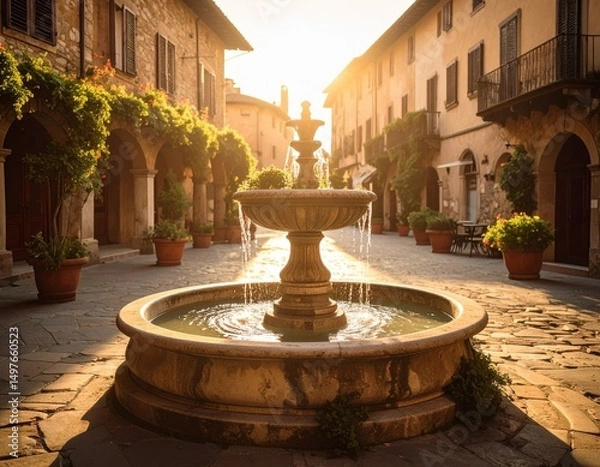Obraz Sunlit plaza with marble fountain in Italian Renaissance town Generative AI