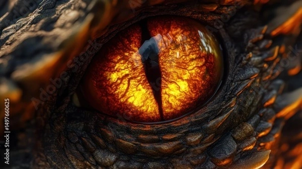 Obraz Close-up of a fiery dragon eye with detailed scales; intense and intimidating.