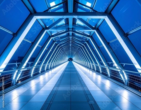Fototapeta Futuristic pedestrian bridge with geometric patterns at night Generative AI