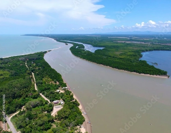 Obraz Winding river delta captured from above in clear daylight Generative AI