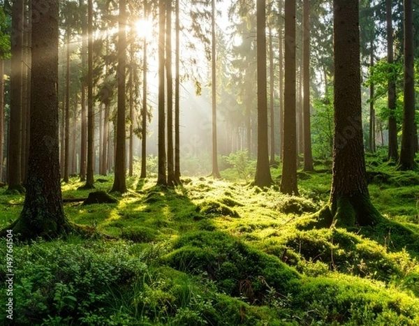 Fototapeta Sunlight streaming through a dense green forest of pine trees Generative AI