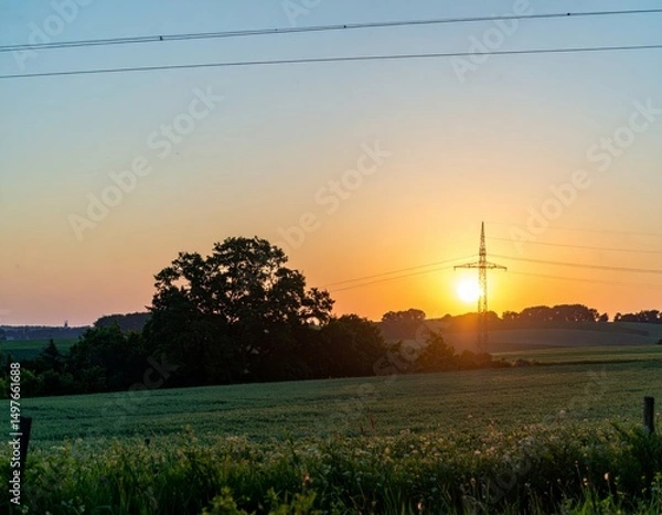 Obraz Golden sunset over wheat fields with silhouette of trees Generative AI