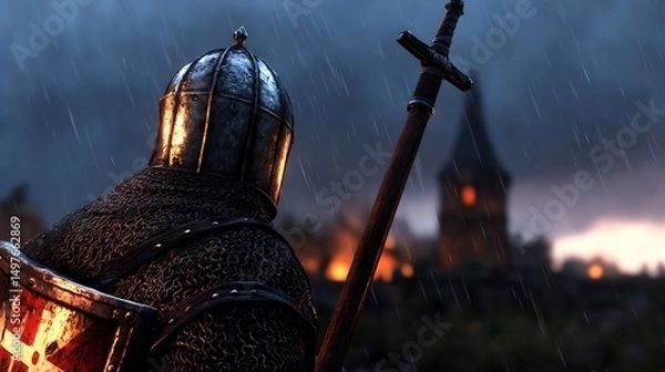 Fototapeta Knight Under Rain: Medieval Battle Aftermath
