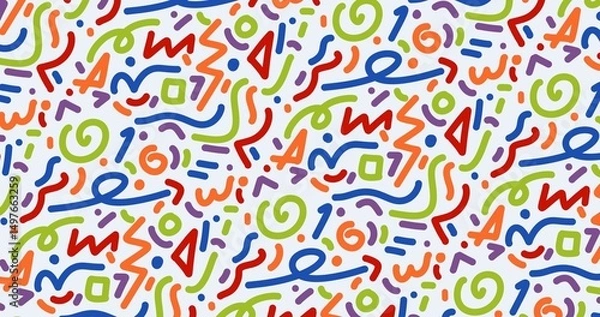 Obraz Abstract background featuring a vibrant Memphis-style pattern with colorful geometric doodles. Perfect for wallpapers, packaging, textiles, and creative design projects.