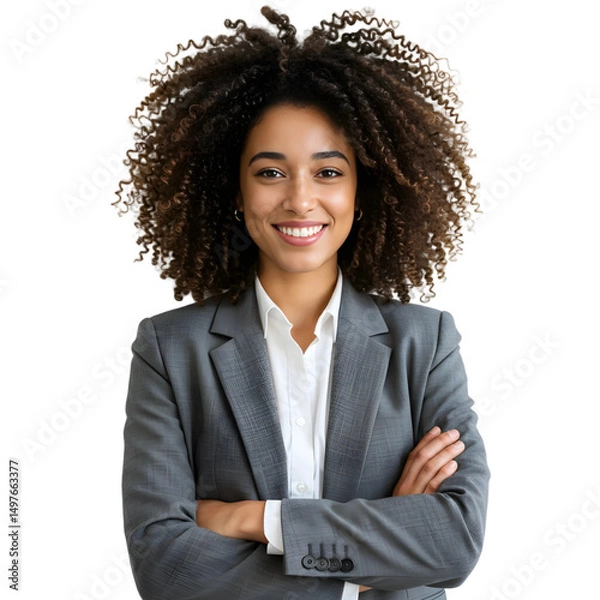 Obraz African Smiling Woman in Gray Formal Suit with Arms Crossed on Transparent Background, PNG format.