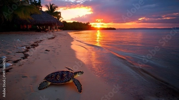 Fototapeta Sunset Serenity: Turtle's Journey on Tropical Beach